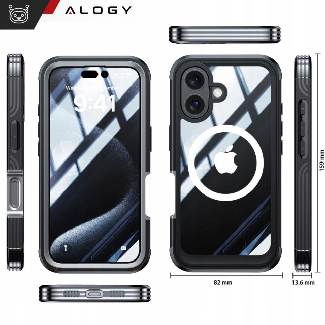 Etui ochronne na telefon do Apple iPhone 16 360 Alogy MagSafe Case obudowa z ochroną wyświetlacza i aparatu Czarne