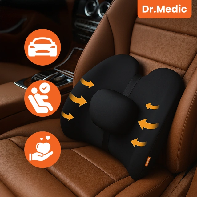 Poduszka samochodowa masująca lędźwiowa – ergonomiczne wsparcie pleców i odcinka lędźwiowego, elektryczny masażer z wibracjami i regulacją wysokości dla kierowcy i pasażera – Dr.Medic RelaxLumbar™