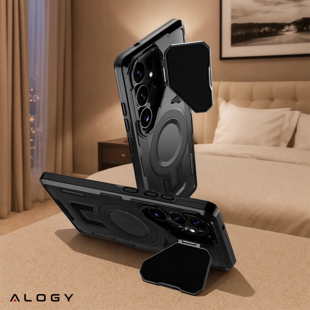 Etui do Samsung Galaxy S25 Ultra Case do MagSafe Wzmocniona Pancerna ochrona obiektywów z funkcją podstawki obudowa ochronna na telefon Alogy HeavyDuty Mag™️Czarne