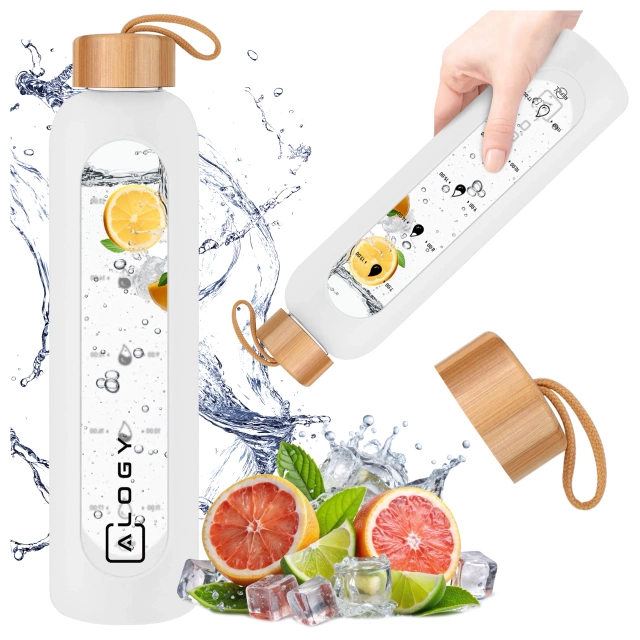 Alogy Motivational Glass Water Bottle Butelka szklana duża bidon na wodę napoje Miarka motywacyjna 1l 1000ml Biała