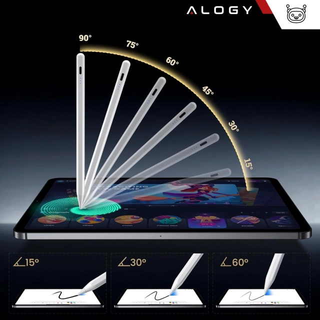 Rysik do Apple iPad Alogy Pencil z funkcją Palm Rejection Pressure Sensing Tilt Magnetyczny USB-C + 3 zapasowe końcówki Biały