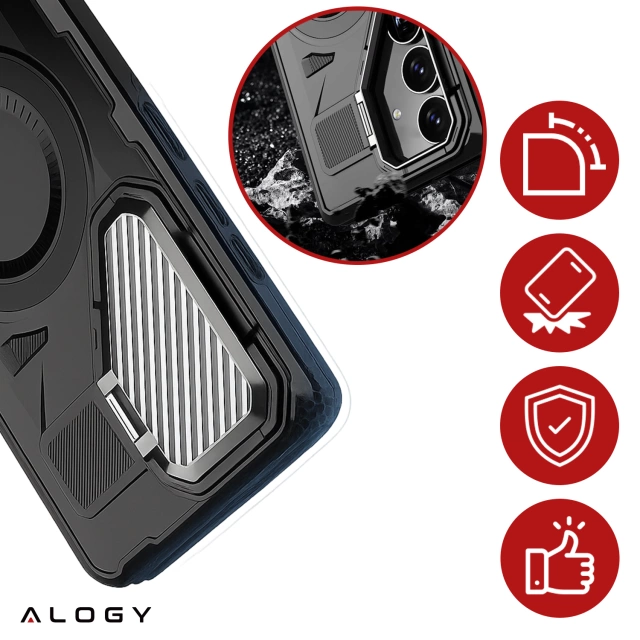 Etui do Samsung Galaxy S25 Plus Case do MagSafe Wzmocniona Pancerna ochrona obiektywów z funkcją podstawki obudowa ochronna na telefon Alogy HeavyDuty Mag™️Czarne