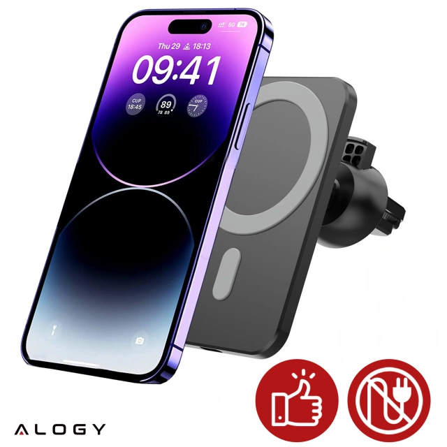 Alogy Uchwyt magnetyczny do auta z ładowarką Qi MagSafe na kratkę/ deskę 15W
