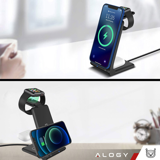 Ładowarka indukcyjna do iPHONE, APPLE WATCH, AIRPODS Alogy 3w1 QI stacja ładowania stojak 15W