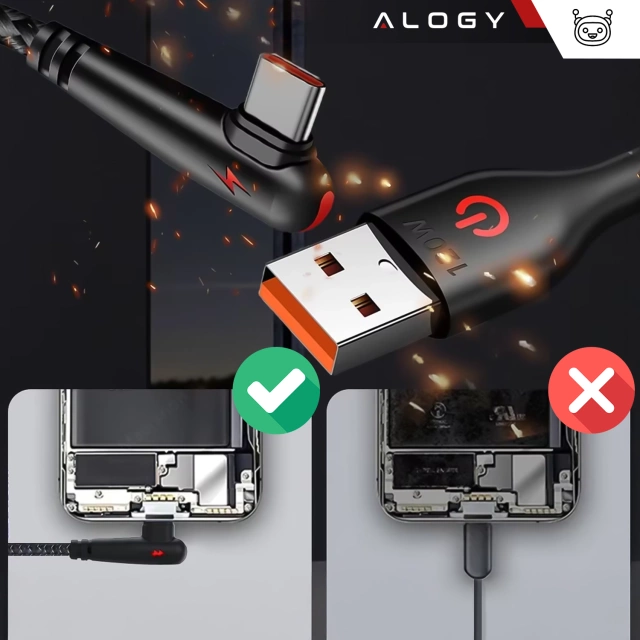 Kabel 100cm typ USB USB-C szybkie ładowanie 120W Alogy A-C mocny 90 stopni z oplotem przewód Czarny