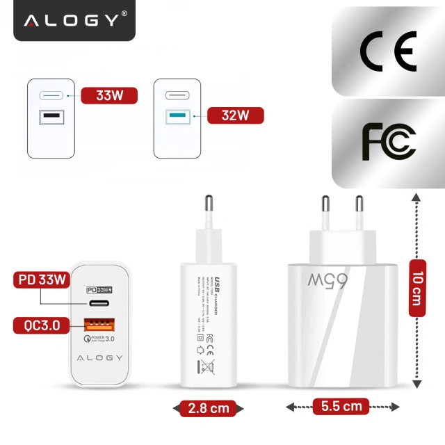 Ładowarka sieciowa USB-A + USB-C – szybkie ładowanie QC 3.0 i PD 33W 65W, kompaktowa, uniwersalna do telefonu i laptopa – Alogy GaN PowerCharge™ Biała