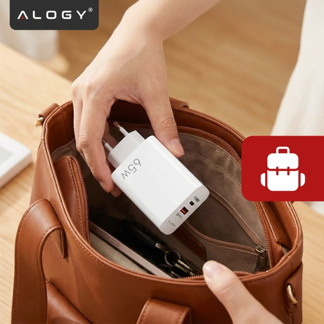 Ładowarka sieciowa USB-A + USB-C – szybkie ładowanie QC 3.0 i PD 33W 65W, kompaktowa, uniwersalna do telefonu i laptopa – Alogy GaN PowerCharge™ Biała
