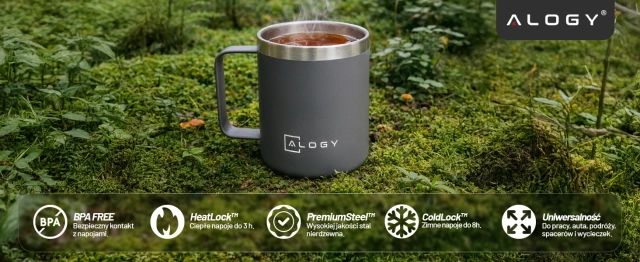 Kubek termiczny 420ml z uchwytem pokrywką na kawę herbatę stalowy zimne i ciepłe napoje Alogy Szary
