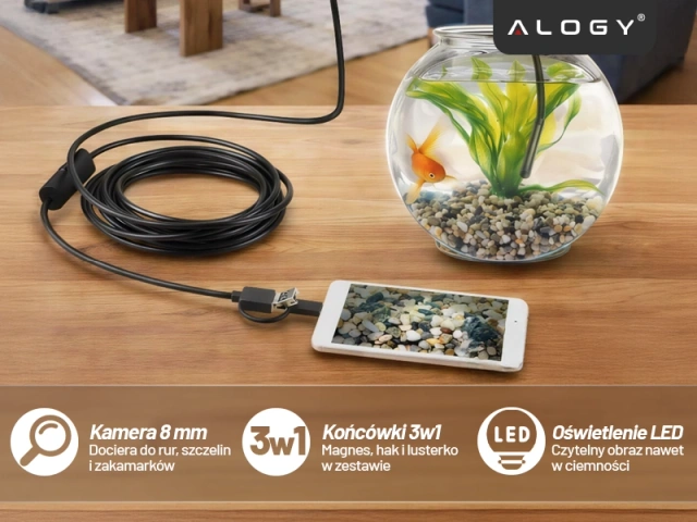 Alogy Hard Wire Kamera inspekcyjna endoskopowa micro USB + USB-C + USB Full HD 5m 8mm Endoskop