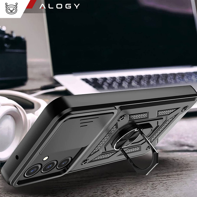 Etui pancerne do Samsung Galaxy A35 5G Camshield Case Ring Alogy Stand z osłonką na aparat slide czarne
