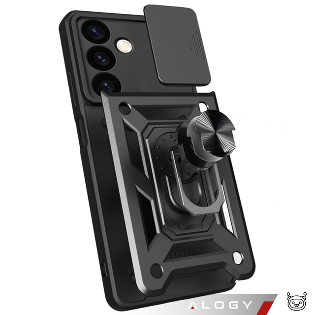 Etui pancerne do Samsung Galaxy S23 FE Camshield Case Ring Alogy Stand z osłonką na aparat slide czarne
