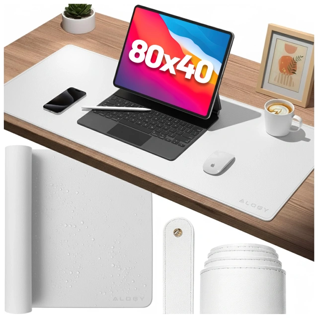 Podkładka na biurko 80×40 cm – antypoślizgowa mata ochronna z eleganckiej ekoskóry PU, pod mysz i klawiaturę, stylowa i trwała – Alogy WorkMat™ Biała