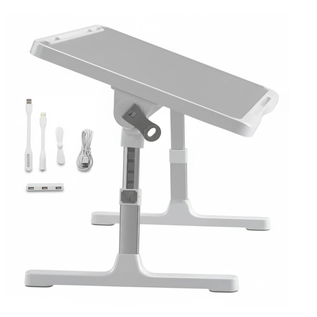 Stolik składany regulowany 60×35 cm – biurko na laptopa z szufladą i portem USB, składane nogi, stabilna konstrukcja do pracy i nauki – Alogy FoldDesk™