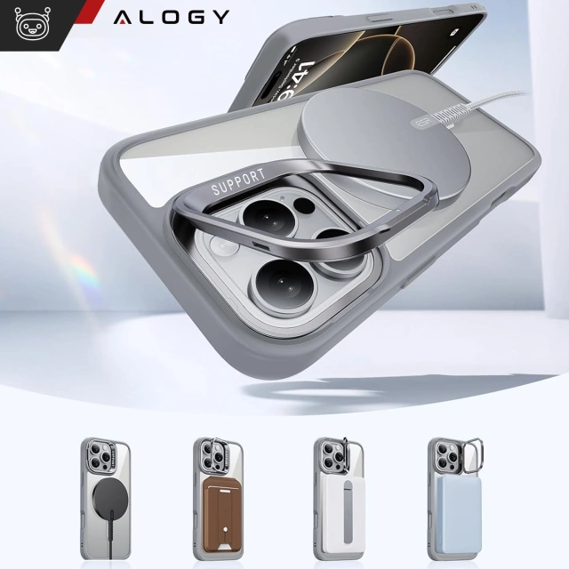 Etui hybrydowe ochronne do Apple iPhone 16 Pro Max Alogy KickStand Hybrid Case z podpórką do MagSafe Szare + szkło hartowane