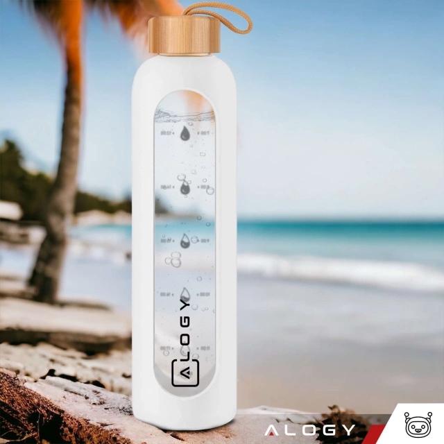 Alogy Motivational Glass Water Bottle Butelka szklana duża bidon na wodę napoje Miarka motywacyjna 1l 1000ml Biała
