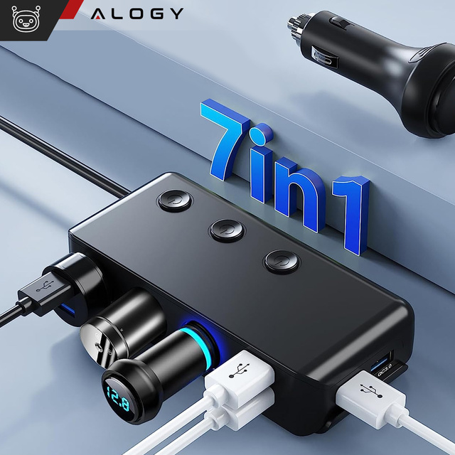  Alogy Adapter Rozdzielacz gniazda zapalniczki przełącznik 120W 3x Gniazdo zapalniczki + 4x USB QC Czarny