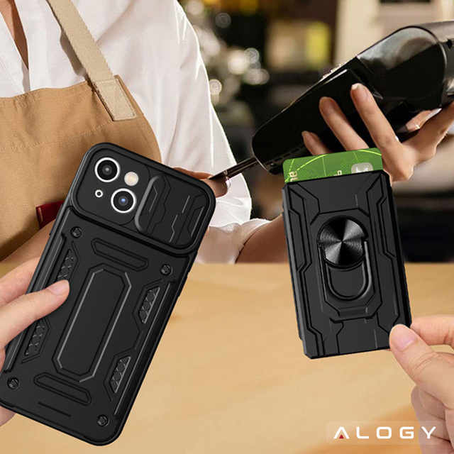 Alogy Etui pancerne Camshield Stand Ring Wallet z osłonką na aparat i miejscem na karty do Apple iPhone 14 Plus czarne