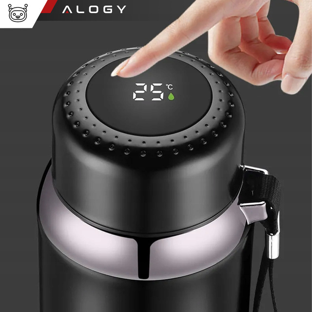 Alogy Termos butelka bidon termiczny wyświetlacz LED 800ml z sitkiem smyczką Czarny