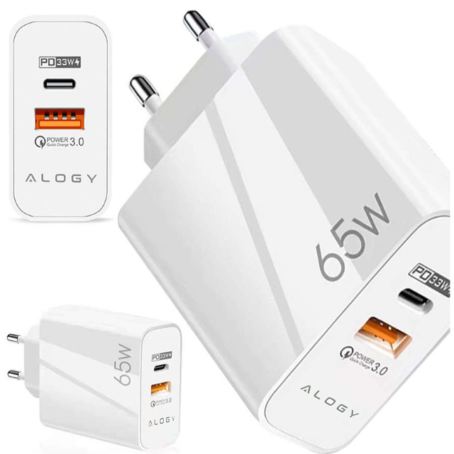 Ładowarka sieciowa USB-A + USB-C – szybkie ładowanie QC 3.0 i PD 33W 65W, kompaktowa, uniwersalna do telefonu i laptopa – Alogy GaN PowerCharge™ Biała