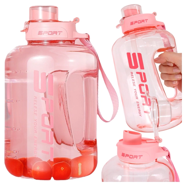 Duża Butelka Motywacyjna na Wodę 1.7L Bidon Sportowy z Miarką, Uchwytem i Pokrywką 2w1 (Dzióbek + Słomka), Wygodna i Szczelna, Alogy Sport 1700ml – Różowa