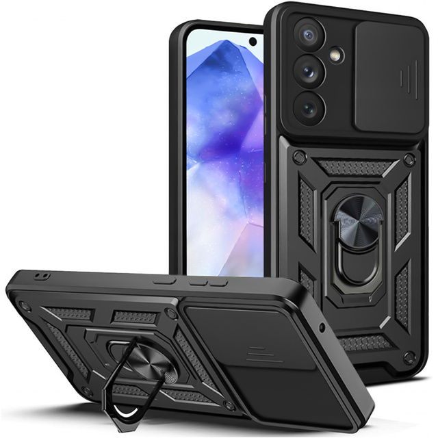Etui pancerne do Samsung Galaxy A55 5G Camshield Case Ring Alogy Stand z osłonką na aparat slide czarne