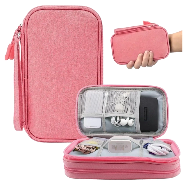Etui Podróżne na Akcesoria, Organizer na Kable, Ładowarki, Telefon i Powerbank, Wielofunkcyjne i Kompaktowe 21 x 12,5 x 5 cm, Alogy TravelPack™ – Różowe
