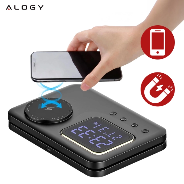 Ładowarka indukcyjna 5w1 składana Alogy MagStation Foldable Pro do MagSafe do Apple iPhone Watch AirPods z zegarem i higrometrem Czarna