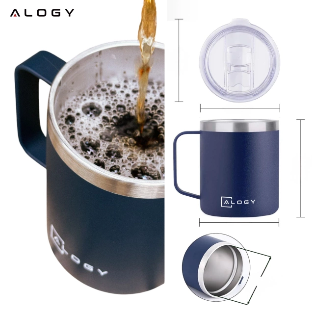 Alogy Kubek termiczny z uchwytem Thermal Mug otwierana pokrywka stalowy zimno i ciepło granatowy