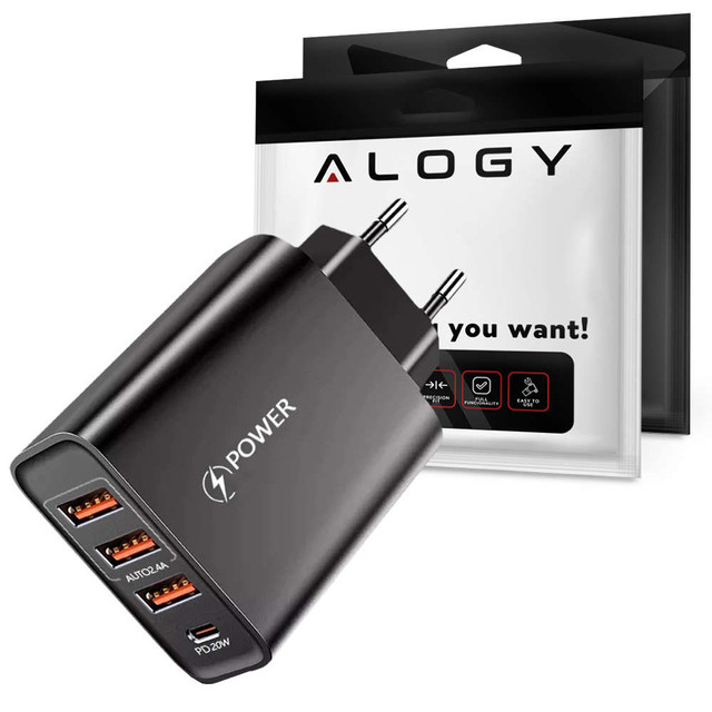 Alogy Ładowarka sieciowa szybka 3x USB-A + Type-C Quick Charge QC 3.0 PD 20W Czarna