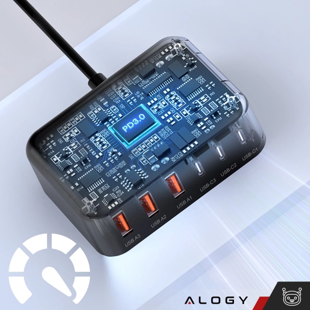 Ładowarka sieciowa 6w1 Super Szybkie Ładowanie 100W GaN 3x USB 3x USB-C Alogy Super Quick Charger Czarna
