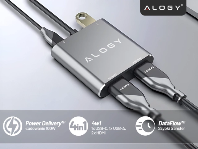 Adapter HUB 4w1 Alogy przejściówka USB-C do 2x HDMI USB 3.0 USB-C szybkie ładowanie PowerDelivery PD 100W