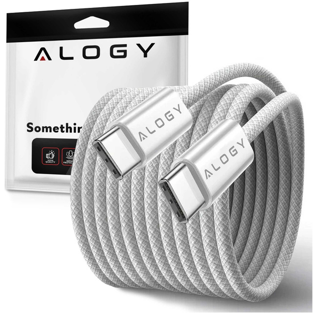 Kabel USB-C typ C mocny szybki PD 2M do iPhone 15 Alogy nylonowy przewód Biały