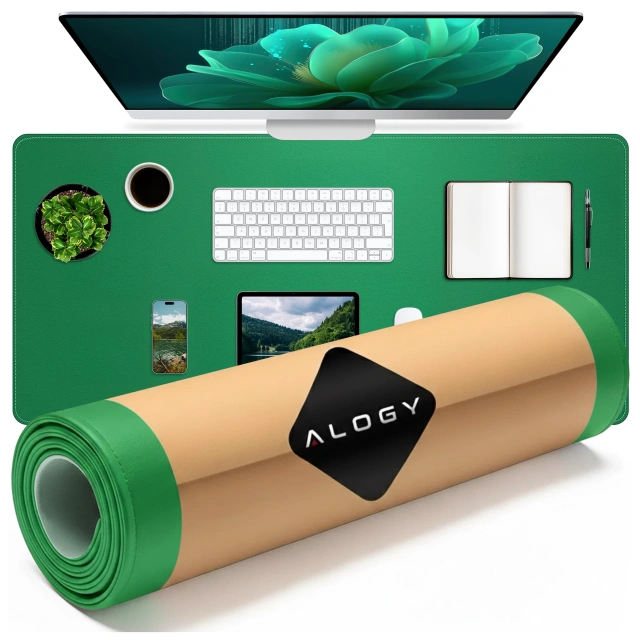 Podkładka na biurko 90×45 cm – antypoślizgowa mata ochronna z eleganckiej ekoskóry PU, pod mysz i klawiaturę, stylowa i trwała – Alogy WorkMat™ Zielona