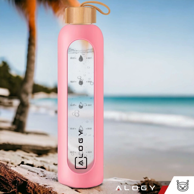 Alogy Motivational Glass Water Bottle Butelka szklana duża bidon na wodę napoje Miarka motywacyjna 1l 1000ml Różowa