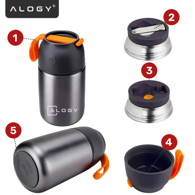 Alogy Termos obiadowy na jedzenie zupe dla dzieci 700ml ze stali nierdzewnej + składana łyżeczka termiczny szary