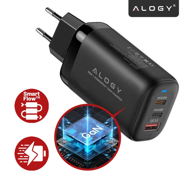 Ładowarka Sieciowa 3w1 z Technologią GaN3 65W, Szybkie Ładowanie PD i QC, Porty 2x USB-C 65W + USB-A 30W, Kompaktowa i Wydajna, Alogy GaNCharge Compact™ – Czarna