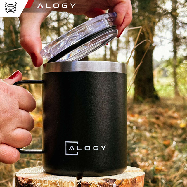Kubki termiczne zestaw 2 kubków Kubek termiczny 420ml z uchwytem pokrywką na kawę herbatę stalowy Alogy Czarny Zielony