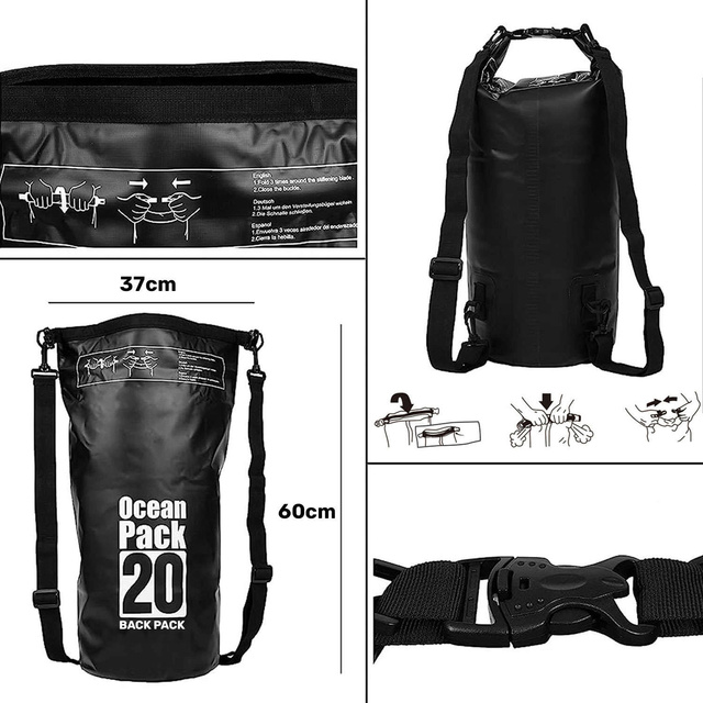 Worek wodoszczelny wodoodporny 20L Pokrowiec Torba na kajak żagle PVC do sportu Czarny