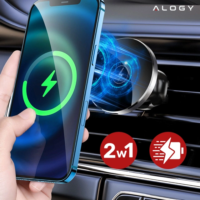 Alogy Uchwyt do samochodu 2w1 z ładowarką Qi Airvent MagSafe Charger do MagSafe 15W do kratki samochodowy Czarny