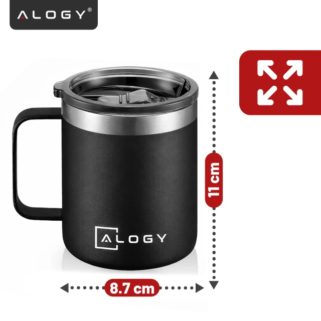 Alogy Kubek termiczny z uchwytem Thermal Mug otwierana pokrywka stalowy zimno i ciepło Czarny