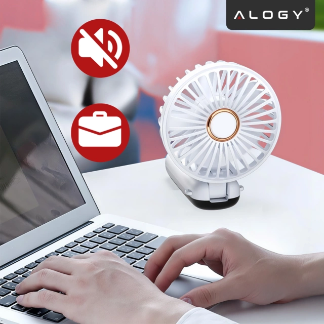 Wentylator Wiatrak Ręczny Bezprzewodowy, Przenośny i Biurkowy, z Uchwytem na Telefon, Ładowanie USB-C, Bateria 18650, Alogy CoolBreeze™ – Biały