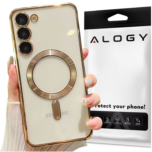 Alogy Etui na telefon do Samsung Galaxy S24+ Plus Mag Safe Case Glamour Case Ring obudowa Złote przezroczyste
