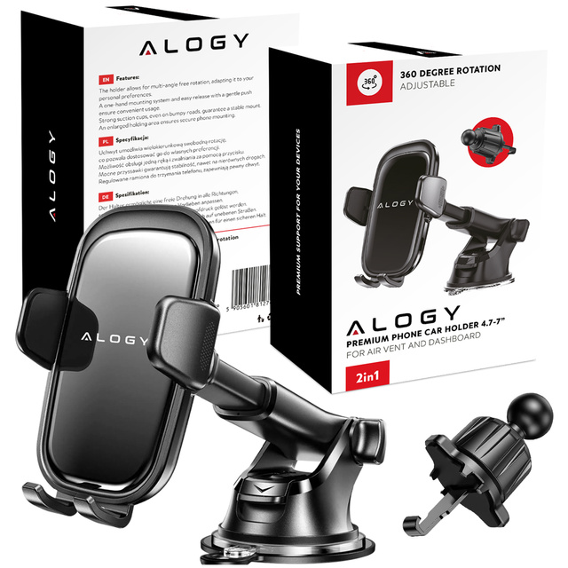Uchwyt samochodowy na telefon szybę kratkę kokpit deskę do samochodu auta do telefonu 7" Alogy 3w1 Czarny + Organizer