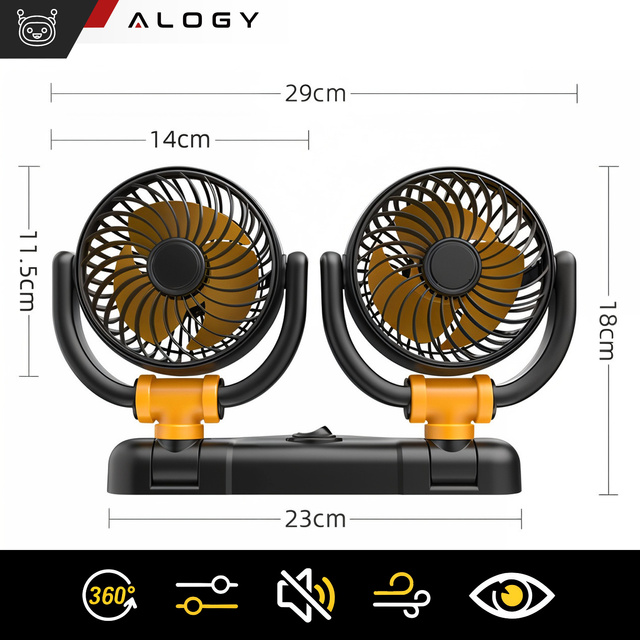 Wentylator podwójny wiatrak samochodowy na kokpit regulowany Alogy Car 12V Czarny