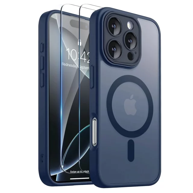 3w1 Zestaw Etui Hybrydowe + Szkło do Apple iPhone 16 Pro obudowa ochronna Hybrydowe MagSafe z ochroną obiektywu case + 2x Szkło hartowane ochronne na telefon Alogy 3in1 Case Pack Navy Blue Granatowe