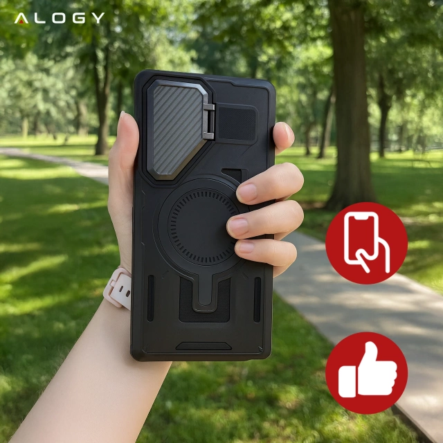 Etui do Samsung Galaxy S25 Ultra Case do MagSafe Wzmocniona Pancerna ochrona obiektywów z funkcją podstawki obudowa ochronna na telefon Alogy HeavyDuty Mag™️Czarne