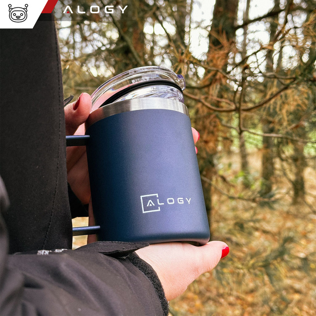 Alogy Kubek termiczny z uchwytem Thermal Mug otwierana pokrywka stalowy zimno i ciepło granatowy