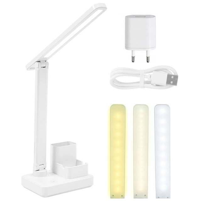 Lampka biurkowa nocna LED – akumulator 2400 mAh, organizer na długopisy i telefon, regulowane światło, idealna na biurko i do nauki – Alogy Light&Organize™ Biała