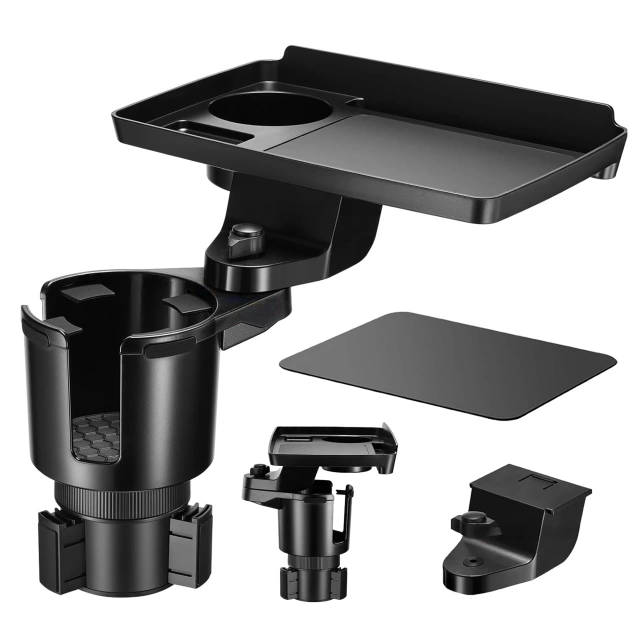 Uchwyt Samochodowy na Kubek i Butelkę Telefon z Obrotowym Stoliczkiem 360°, Mobilny Organizer 2w1, Alogy MultiUse Tray™ – Czarny
