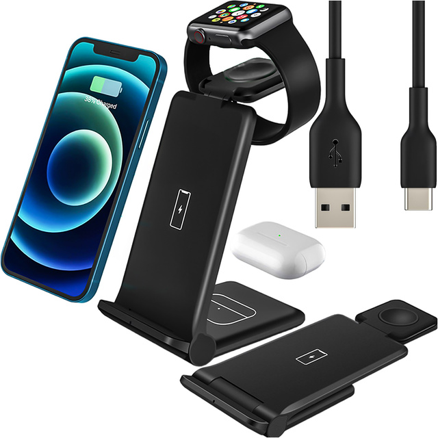 Ładowarka indukcyjna do iPHONE, APPLE WATCH, AIRPODS Alogy 3w1 QI stacja ładowania stojak 15W